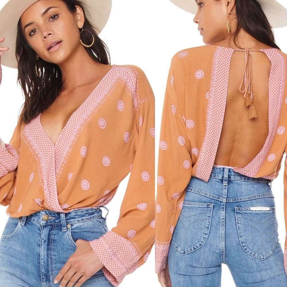 Free People Rust Orange and Blush Pink Printed Open-Back Blouse
